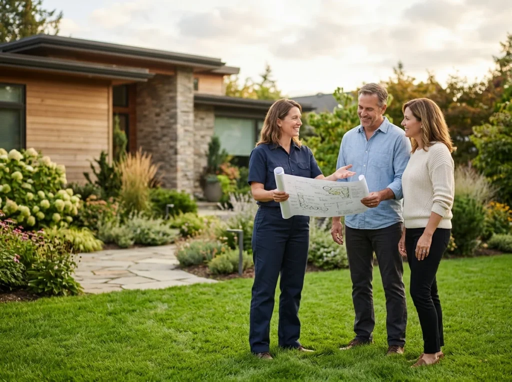 A landscape designer holding a planting plan, talking with two homeowners on their front lawn