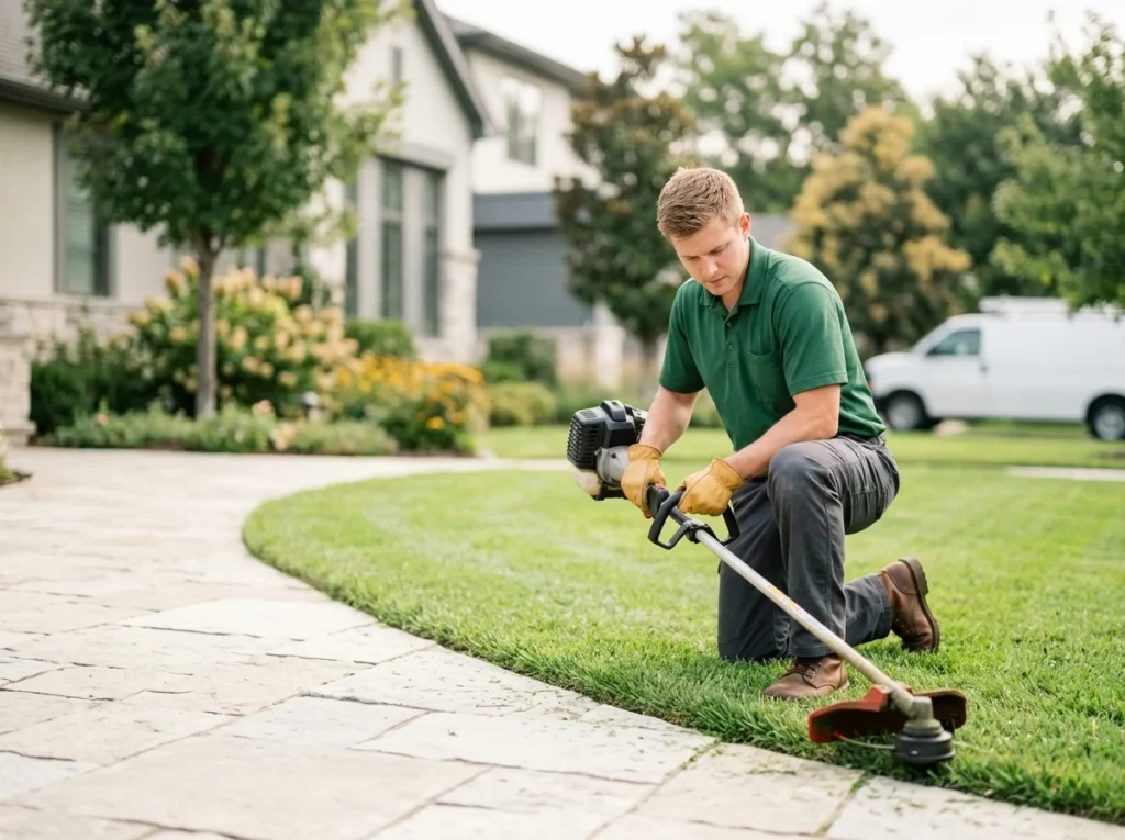 A crew member edging the border between a lawn and a limestone walkway with a string trimmer