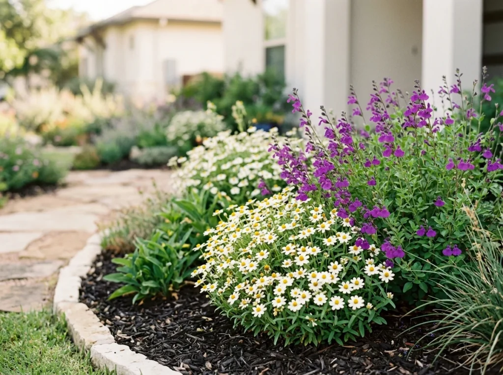 Texas native plants in full flower in a residential garden bed, blackfoot daisy and salvia