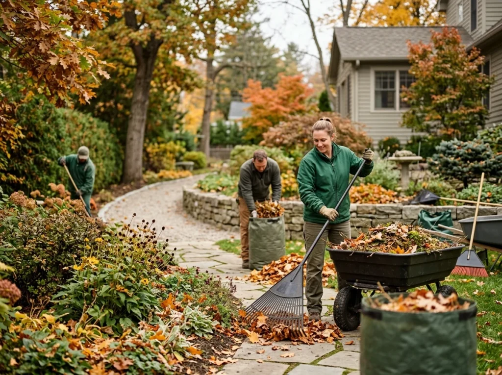 A crew raking and bagging leaves and spent growth during a seasonal garden clean up